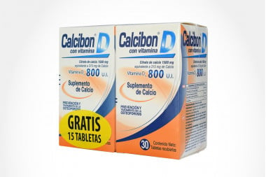 Calcibon D 1500 mg / 800 U.I. Empaque Con Caja Con Frasco Con 30 Tabletas Recubiertas - Gratis 15 Tabletas 