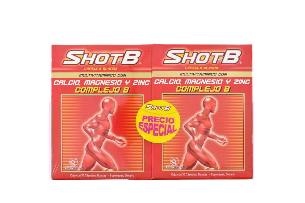 Shot B Multivitamínico Con Calcio, Magnesio, Zinc 2 Caja Con 15 Cápsulas Blandas C/U