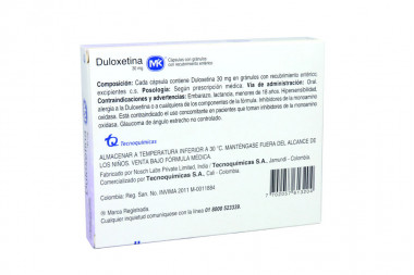 Duloxetina 30 mg Caja Con 7 Cápsulas Con Granulos Con Recubrimiento Entérico