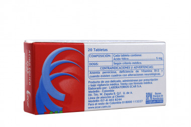 Ácido Fólico 5 mg Caja x 20 Tabletas - Ecar