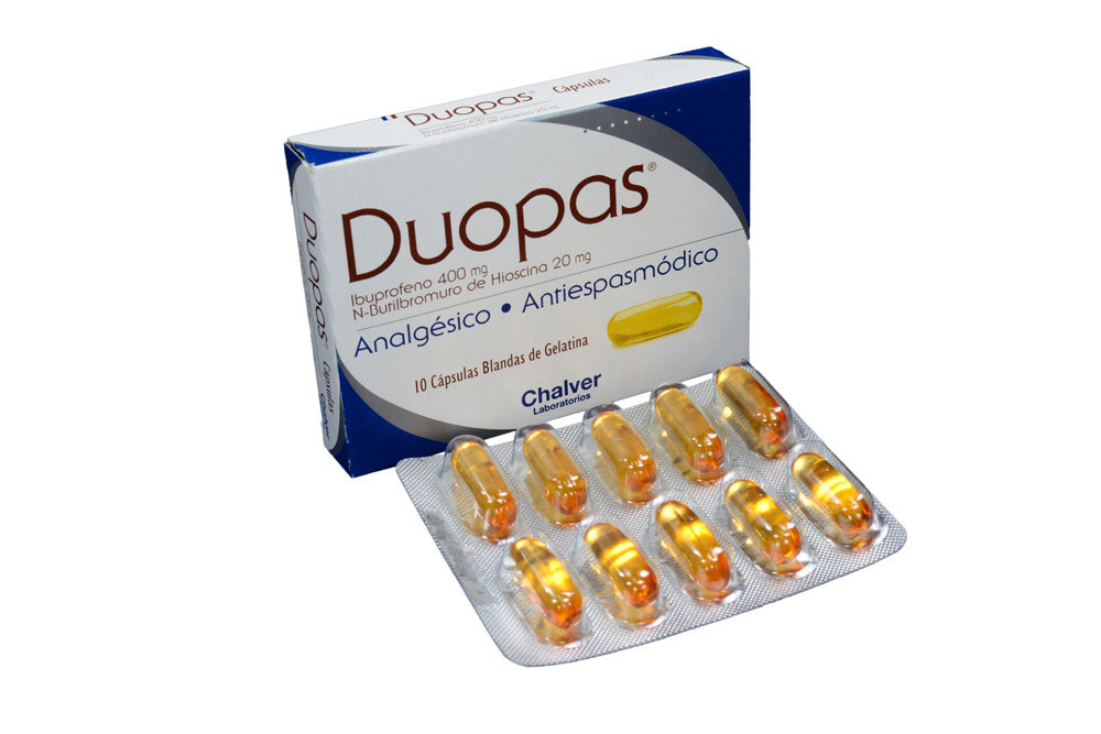 duopas ibuprofeno 400 mg n-butilbromuro de hioscina 20 mg analgésico antiespasmódico caja con 10 cápsulas blandas de gelatina