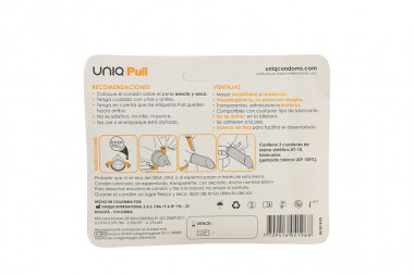 Condones Uniq Pull Empaque Con 3 Unidades + 3 Lubricantes