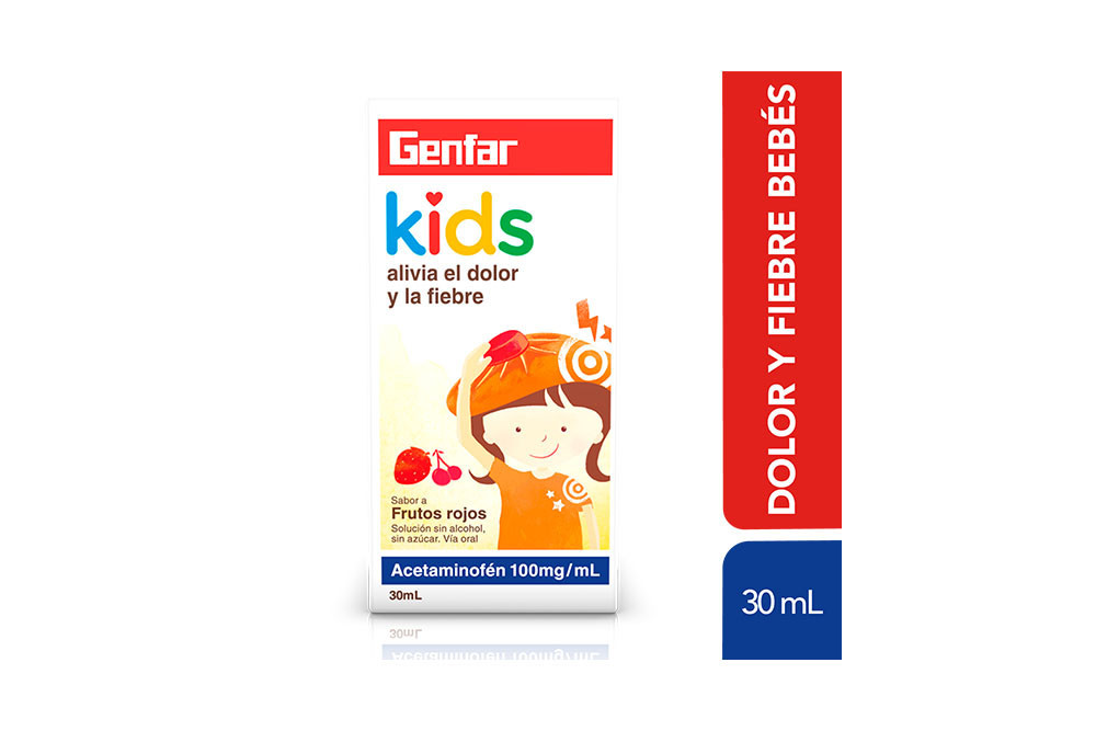 Acetaminofén Genfar Kids 100 mg/mL Caja Con Frasco Con 30 Ml- Sabor Frutos Rojos