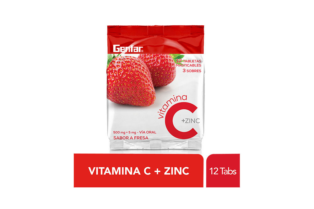 VITAMINA C ZINC GENFAR TAB MAS - ORAL FRESA CAJ 12 UN GENFAR S.A. Vitamina C 500 Mg + Zinc Bolsa Con 12 Tabletas Masticables – Sabor Fresa