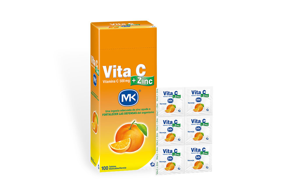Vita C + Zinc 500 mg Caja Con 100 Tabletas - Sabor A Naranja  