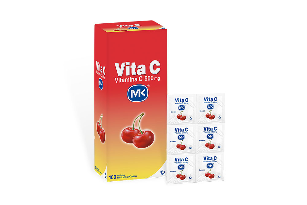 Vita C 500 mg  Sabor Cereza Caja Con 100 Tabletas Masticables