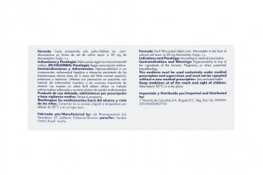 Atorvastatina 20 Mg Caja Con 30 Tabletas Recubiertas
