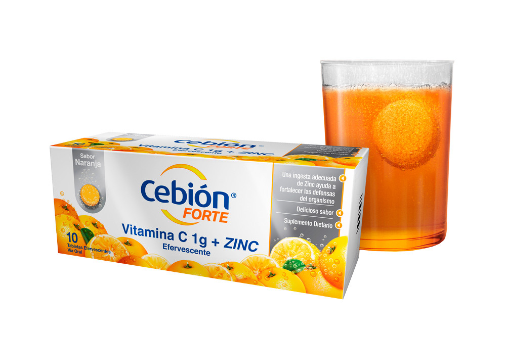 Cebión Forte + Zinc Sabor Naranja Caja Con 10 Tabletas Efervescentes