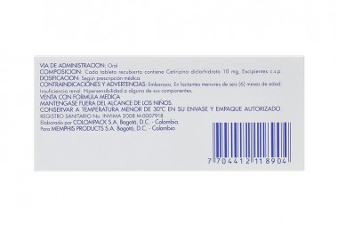 Cetirizina 10 mg Memphis Caja Con 10 Tabletas