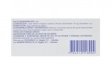 Cetirizina 10 Mg Memphis Caja Con 10 Tabletas