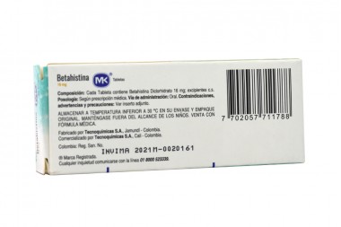 Betahistina 16 mg Caja Con 20 Tabletas