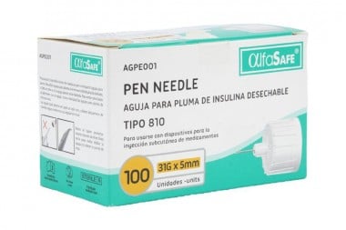 Aguja Para Pluma De Insulina 31G X 5 Mm Caja Con 100 Unidades