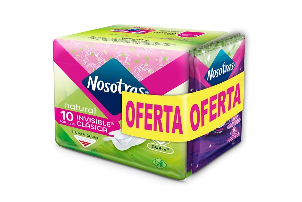 Oferta Toallas Higiénicas Nosotras Invisible Clasica 10 Unds + Toallas Buenas Noches 2 Unds