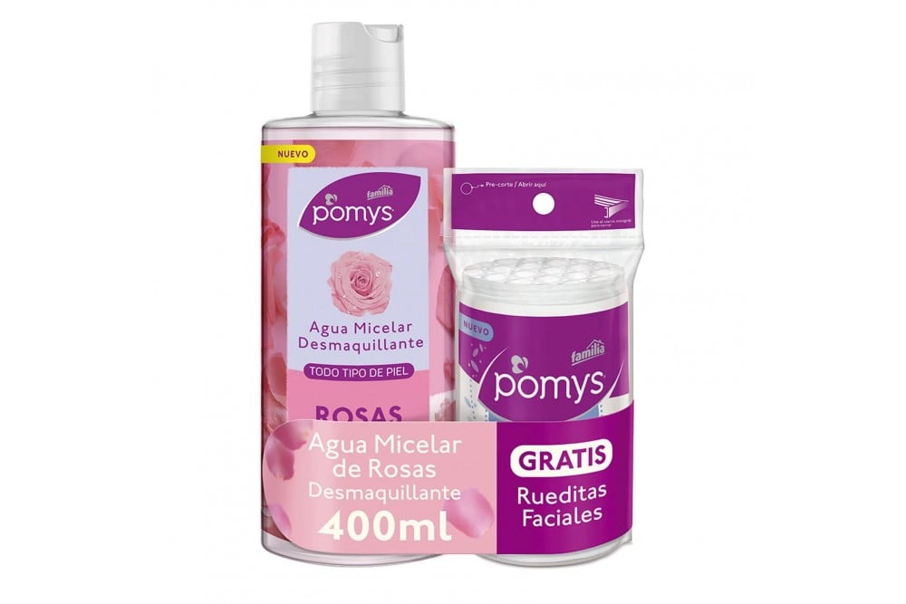 AGUA MICELAR DESMAQUILLANTE ROSAS POMYS 400ML GRATIS RUEDITAS FACIALES