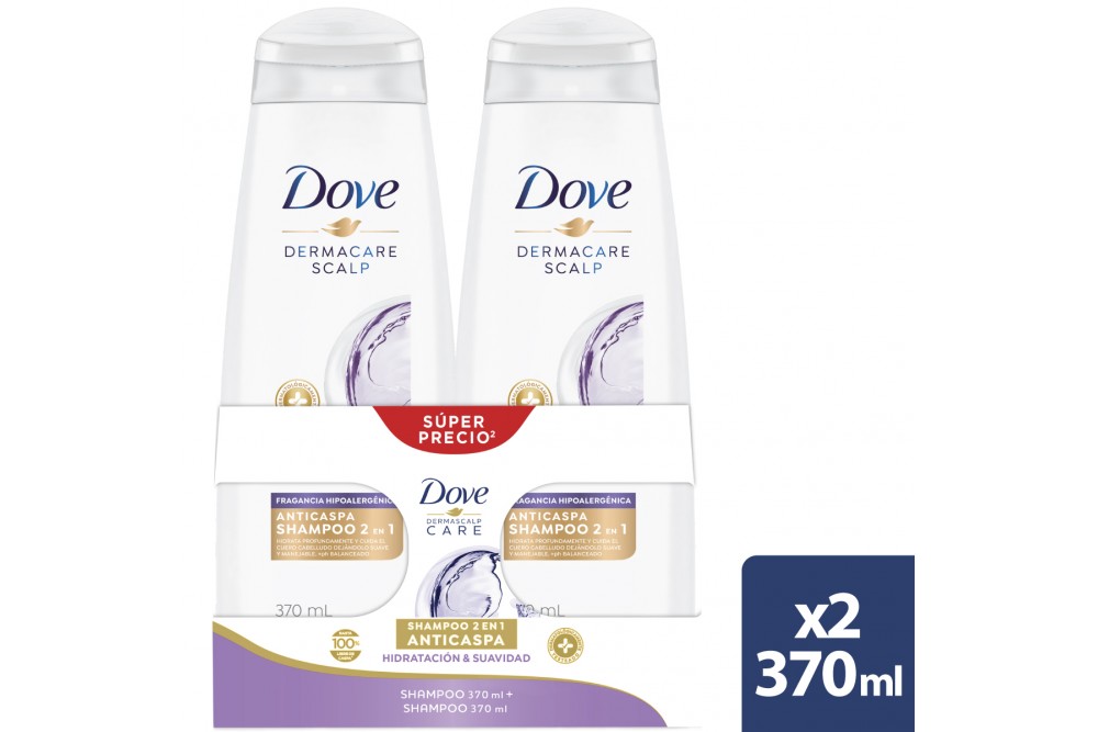 OFERTA SHAMPOO DOVE HIDRATACIÓN Y SUAVIDAD 2 FRASCOS CON 370 ML