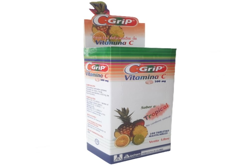 VITAMINA C-Grip SABOR TROPICAL 500 mg 100 Tabletas Masticables