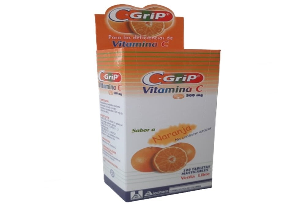 Vitamina C-Grip Sabor Naranja 500 Mg 100 Tabletas Masticables -