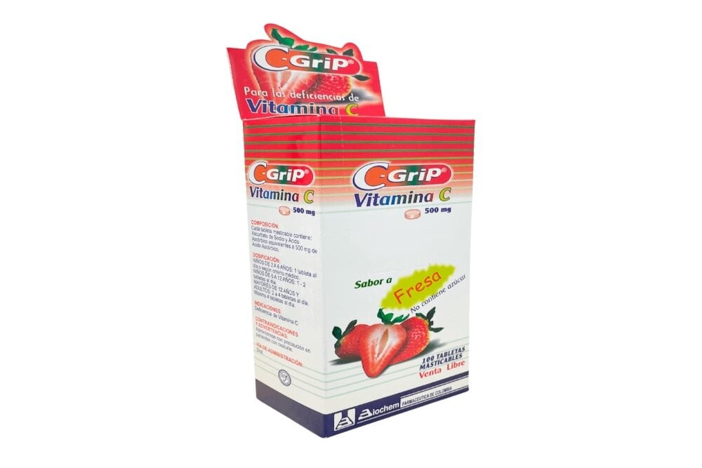 VITAMINA C-Grip SABOR FRESA 500 mg 100 Tabletas Masticables