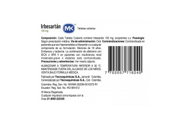 Irbesartan 150 mg 14 Tabletas Cubiertas