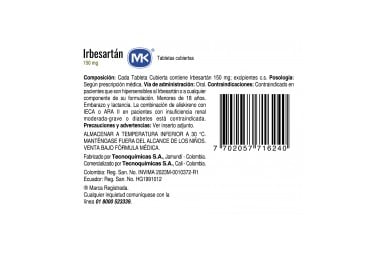 Irbesartan 150 Mg 14 Tabletas Cubiertas