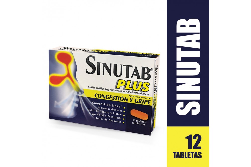Analgésico Sinutab Plus congestión y gripe 12 Tabletas