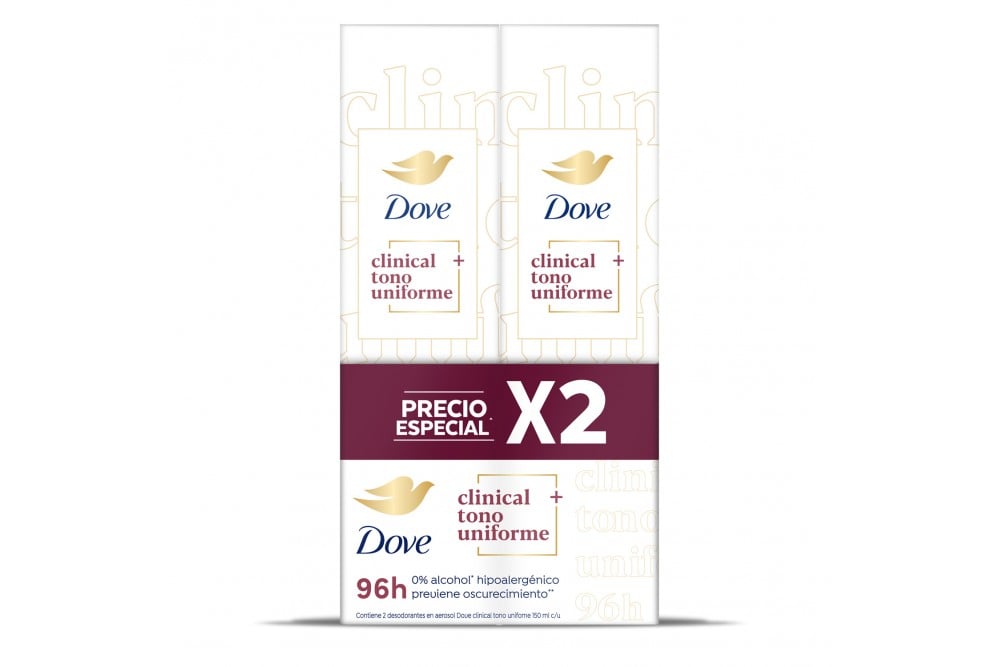 Oferta Antitranspirante Dove Clinical Tono Uniforme En Aerosol 2 Unds de 150 Ml C/U
