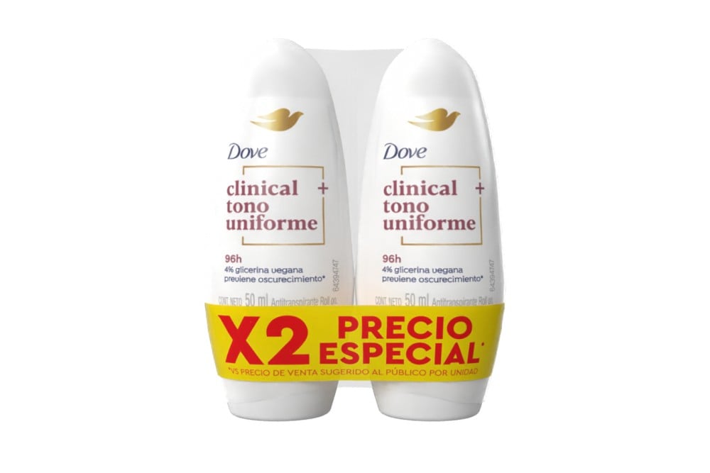 Oferta Antitranspirante Dove Clinical Tono Uniforme Roll On 2 Unds de 50 Ml C/U