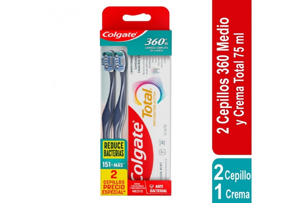 Oferta Cepillo Dental 360° Suave 2 Unds + Crema Dental Total Prevención Activa 75 Ml
