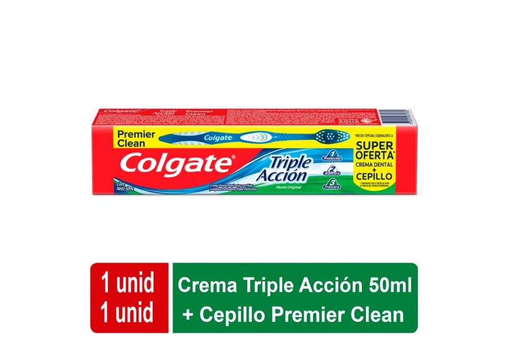 Crema Dental Colgate Triple Acción Sabor Menta 50 Ml + Cepillo de Dientes Premier Clean Und