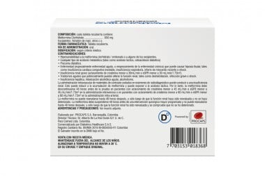 Metformina Clorhidrato 850 Mg 30 Tabletas Recubiertas