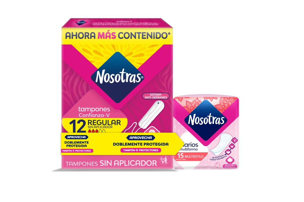 Oferta Tampones Nosotras Confianza V Regular 12 Unds + Protectores Nosotras Multiestilo 15 Unds