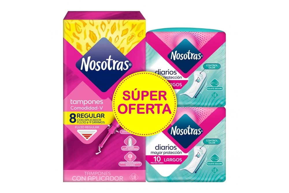 Oferta Tampones Nosotras Regular Con Aplicador 8 Unds + Protectores Diarios Largos 20 Unds
