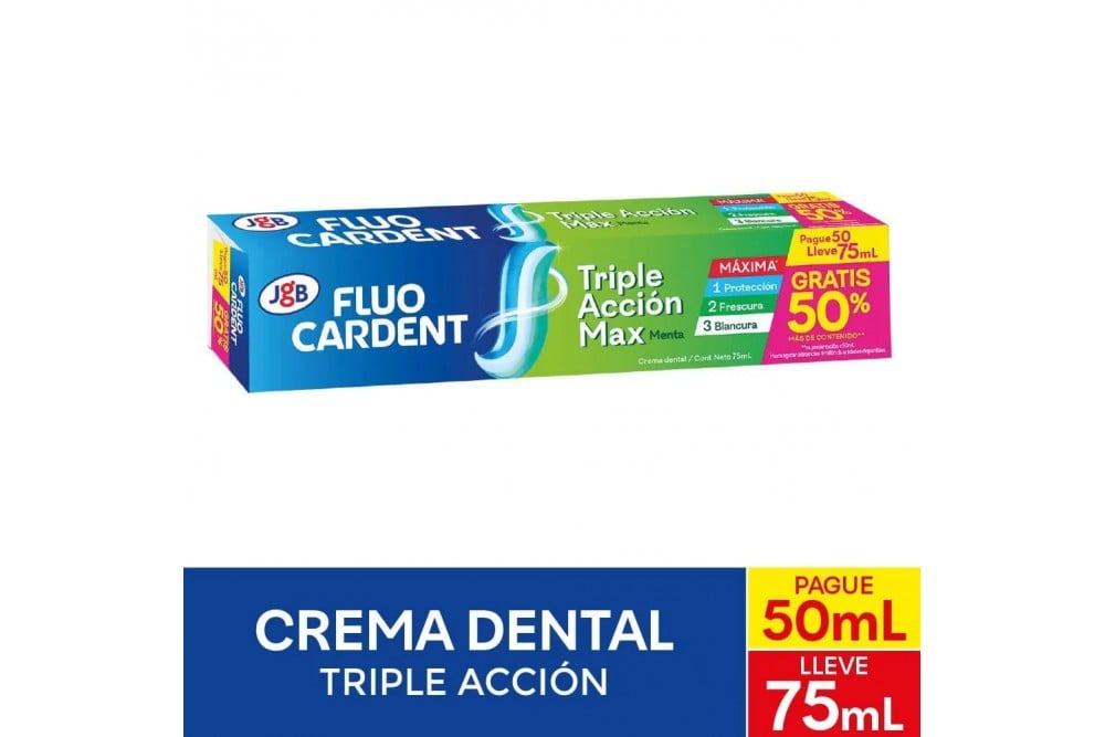 Oferta Crema Dental Fluocardent Triple Acción pague 50 ml lleve 75 ml