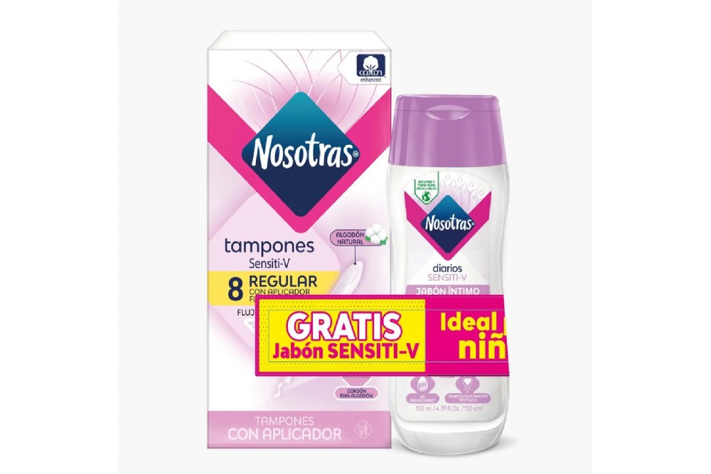 Ofertas Tampones Nosotras Regular Aplicador Sensiti-v 8 Unds Gratis Jabón Intimo 130 Ml